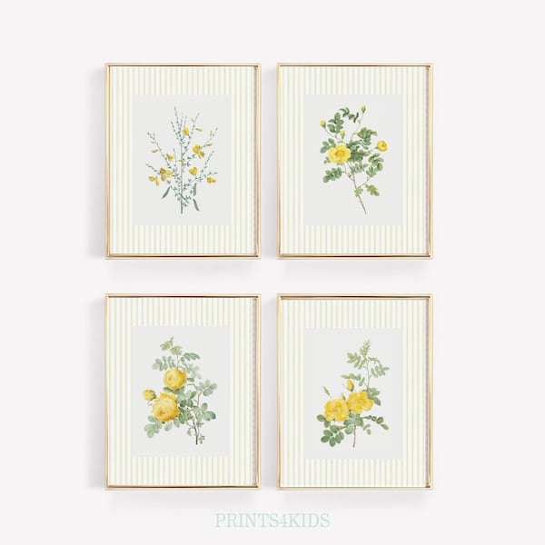 Juego de 4 impresiones de flores silvestres, decoración de habitación de género neutro, arte de pared de guardería con flores amarillas vintage, arte de pared botánico con acuarela, ARTE IMPRIMIBLE