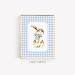 Vintage Nursery Bunny Print, Printable Nursery Wall Art, Antique Baby Boy Room Art, Blue Tones Nursery Farmhouse Art, Gingham Decor