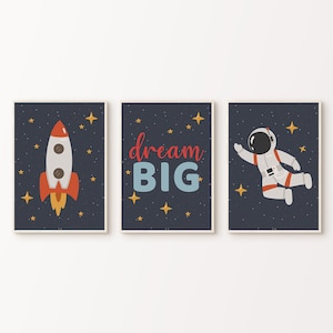 Conjunto de 3 impresiones de vivero espacial, carteles imprimibles de planetas astronautas espaciales, decoración de sala de juegos del espacio exterior, sistema solar de habitación para niños 3 piezas de arte de pared