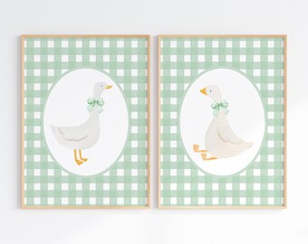 Goose Nursery Prints, Set of 2 Nursery PRINTABLE Art, Goose Bow Wall Art for Nursery Decor, Vintage Duck Green Gingham Wall Art