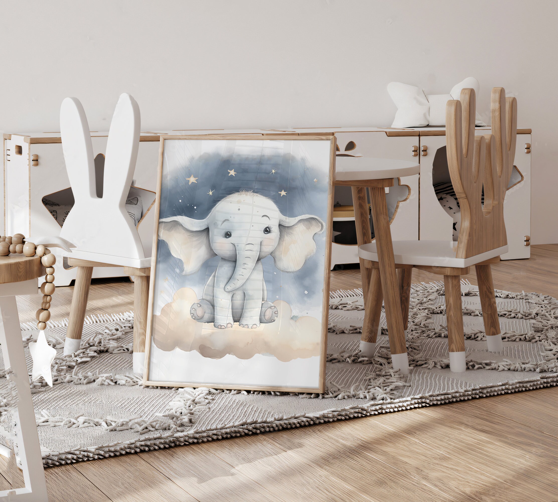 Baby Elephant Nursery Print, Printable Stars Clouds Baby Room Wall Art ...