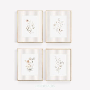 Juego de 4 impresiones de flores silvestres para guardería, decoración neutra para habitación de niñas, arte de pared floral IMPRIMIBLE, arte de pared botánico vintage con acuarela para guardería