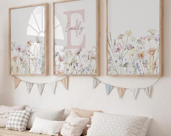 Wildflower set van 3 kinderkamerdecoratie, afdrukbare aangepaste bloemenkamer muurkunst, boho babymeisje kinderkamer prints, aquarel gepersonaliseerde naamposter