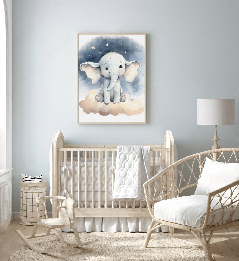 Baby Elephant Nursery Print, Printable Stars Clouds Baby Room Wall Art ...