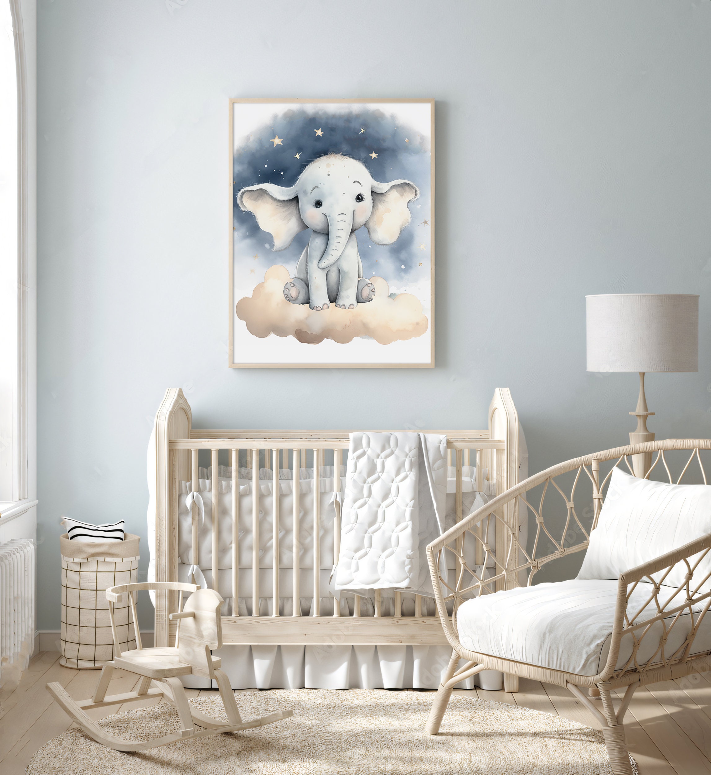 Baby Elephant Nursery Print, Printable Stars Clouds Baby Room Wall Art ...