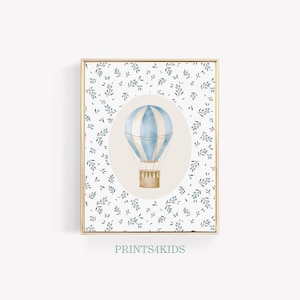 Vintage Hot Air Balloon Print, Printable Nursery Wall Art, Antique Baby Boy Room Art, Blue Tones Nursery Farmhouse Art, Floral Nursery Decor