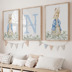 Stampe per cameretta di un neonato con coniglio, decorazioni per cameretta personalizzate con nome, stampe artistiche stampabili Cottagecore Baby Blue per cameretta, stampe personalizzate per cameretta