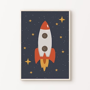 Carteles imprimibles de cohetes espaciales, impresión de guardería espacial, decoración de sala de juegos en el espacio exterior, arte de pared grande para habitación de niño