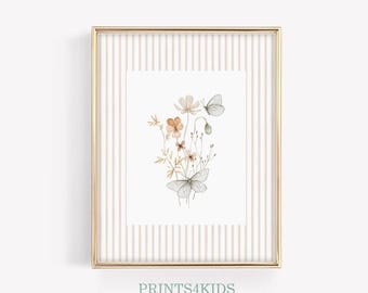 Wilde bloemen kinderkamer prints, meisjes kamer decor, bloemen kinderkamer muur decor, vintage vlinder kinderkamer kunst, aquarel botanische kinderkamer kunst aan de muur