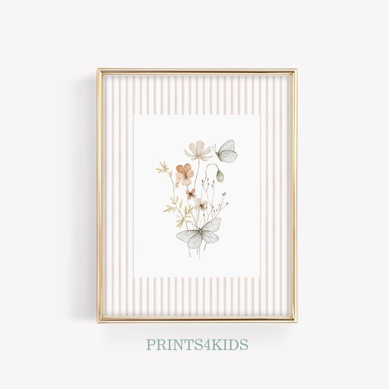 Wildflower Nursery Prints, Girls Room Decor, Floral Nursery Wall Decor, Vintage Butterfly Nursery Art, Watercolor Botanical Nursery Wall Art
