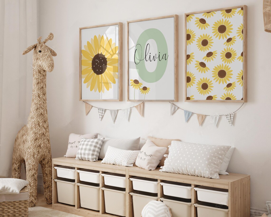 Sunflowers Nursery Wall Art, Set of 3 Personalized Name Sign Prints ...