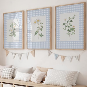 Wildflower Nursery Print Set of 3, Blue Tones Baby Room Decor, Vintage Floral Nursery Wall Art, Watercolor Botanical Wall Art