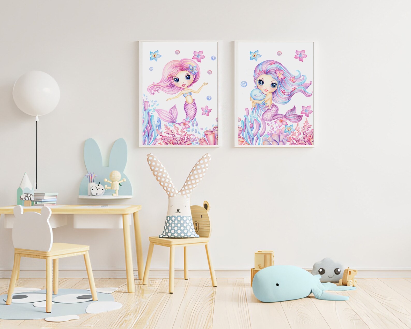 Mermaids Girl Nursery Set of 2 Prints, Ocean Girl Room Poster, Mermaids ...