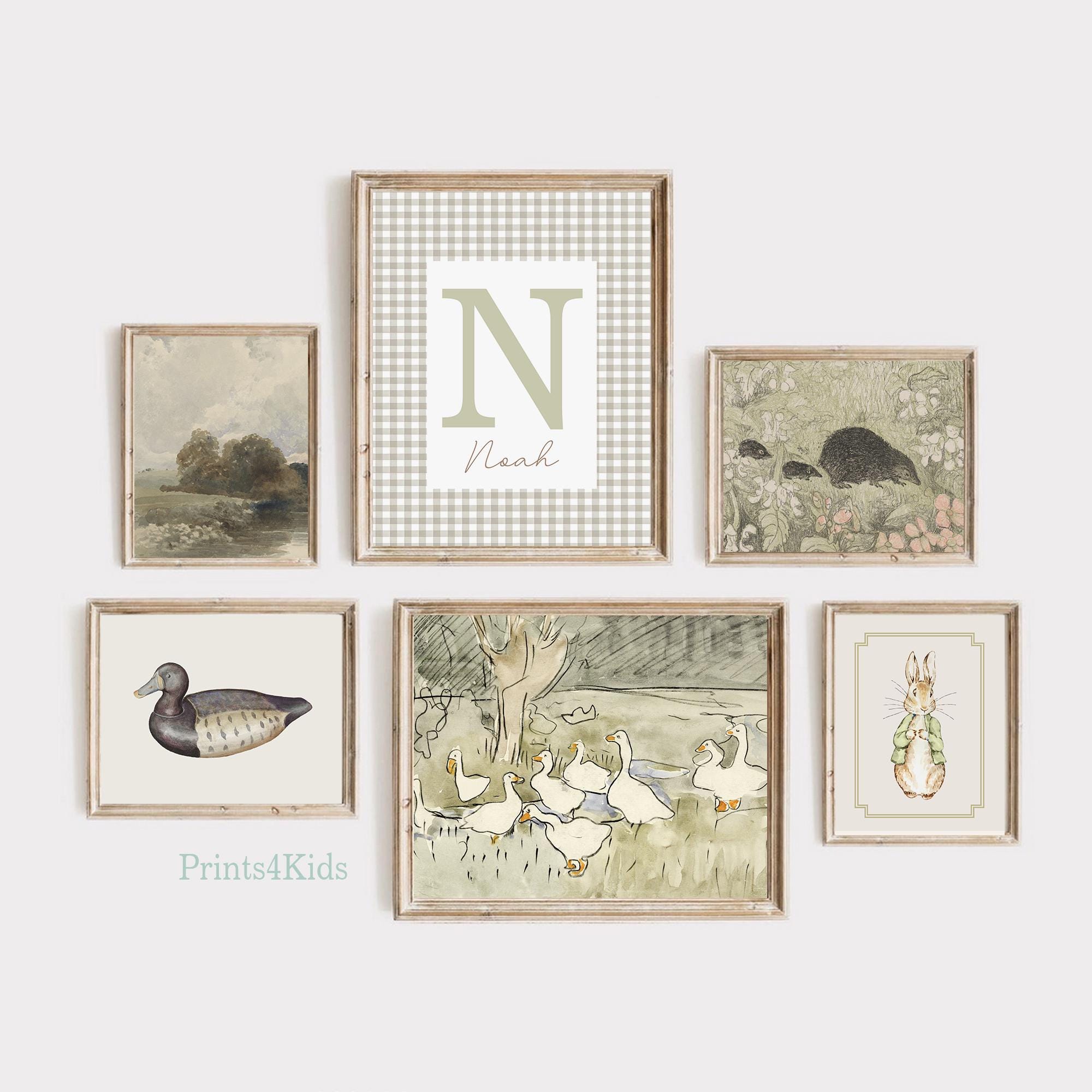 Vintage Nursery Gallery Wall Set, PRINTABLE Neutral Newborn Wall Art, Custom Name Baby Room Decor, Duck Print, Rabbit Print, Green Tones Art