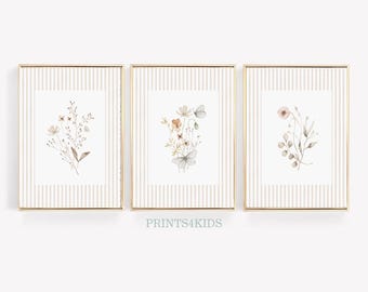 Wildflower Nursery Set of 3 Prints, Girls Room Decor, Floral Nursery Wall Decor, Vintage Nursery Art, Watercolor Botanical Nursery Wall Art