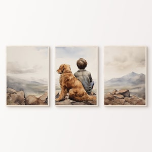 3-teilige Wandkunst für das Kinderzimmer „Junge und Hund“, Kinderzimmer-Bergabenteuer-Natur-Dekoration, Kleinkindzimmer-Poster, Draußen DRUCKBARES Kinderset mit 3 Drucken