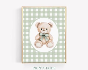 Vintage Bear Nursery Wall Art, Baby Boy Room Decor, Green Bow Teddy Bear Print, Gender Neutral Printable Digital Poster