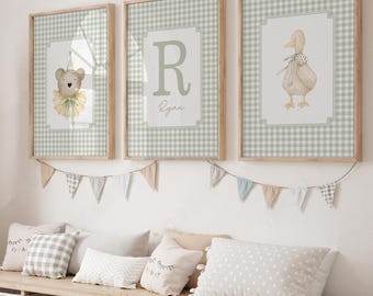 Aangepaste naam set van 3 kinderkamerafdrukken, eend muurkunst, antieke genderneutrale kunst, groene tinten kinderkamer boerderij kunst, vintage pastel decor