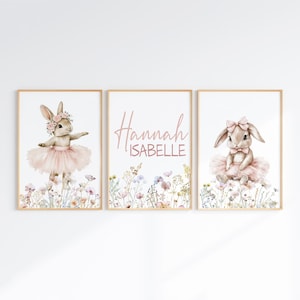 Bunny Nursery Prints, Personalized Floral PRINTABLE Art, Rabbit Wall Art for Girl Nursery Decor, Ballerina Print, Custom Name Sign Wall Art
