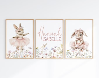 Bunny Nursery Prints, Personalized Floral PRINTABLE Art, Rabbit Wall Art for Girl Nursery Decor, Ballerina Print, Custom Name Sign Wall Art