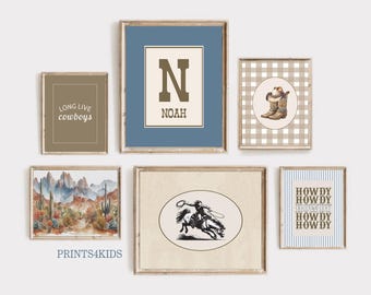 Cowboy Nursery Gallery Wall Set of 6, Western Baby Boy Bedroom Custom Name Decor, Vintage Wild West Prints, Downloadable Art