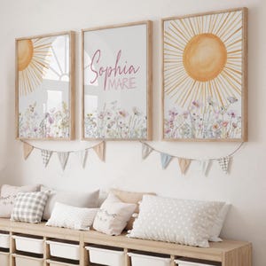 Set di 3 stampe per cameretta Boho Wildflower, stampabile per cameretta delle bambine, nome personalizzato, arte murale floreale, stampa digitale personalizzata, decorazione per cameretta del sole
