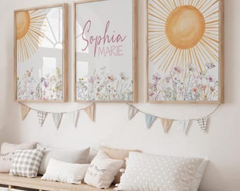 Boho Wildflower Nursery Set of 3 Print, Printable Girls Room Custom Name Floral Wall Art, Personalized Sign Digital Print, Sun Nursery Decor