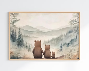 Bear Family Prints, Woodland Nursery Decor, Bear Family of 3 Print, PRINTABLE Forest Animals Art, Family Portrait Room Art