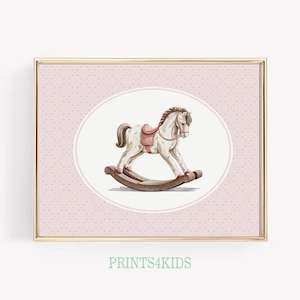 Vintage Rocking Horse Print, Printable Vintage Nursery Wall Art, Antique Baby Girl Room Art, Farmhouse Art, Soft Pink Girl Room Decor