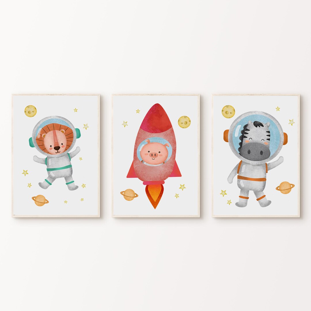 Watercolor Space Nursery Set of 3 Prints, Printable Animal Astronaut ...