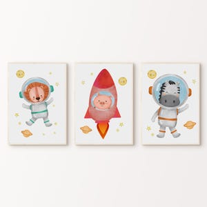 Conjunto de vivero espacial de acuarela de 3 impresiones, carteles de astronautas animales imprimibles, decoración de la sala de juegos del espacio exterior, planetas de la habitación del niño 3 piezas de arte de pared