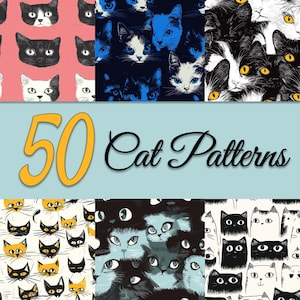 50 Unique Vintage Cat Patterns - Digital Paper Pack - 50 JPGs - instant download - 300dpi - 14x14 seamless patterns backgrounds