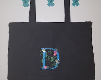 Floral Embroidered Monogram Tote Bag, Personalized Initial