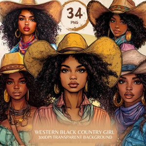 Western Black Country Girl Cowgirl Png Bundle Afro Black Woman Clipart Black Girl African American Designs Black People Cowboy Hat Stickers