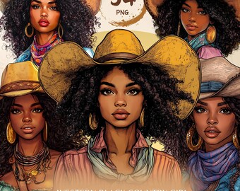 Pacchetto PNG Afro Cowgirl: Clipart di donna nera occidentale (download digitale)