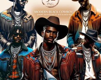 Puede incluir: Ilustraciones digitales de vaqueros negros con sombreros, chaquetas de cuero con flecos y collares plateados. El texto "MODERN BLACK COWBOY" y "300DPI TRANSPARENT BACKGROUND" es visible.