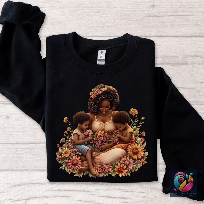 Black Mom And Kids Png Mother's Day Shirt Png Black People Mother Clipart African American Momma Stickers Afro Woman Family Png Design - showing the design in a black sweatshirt mockup