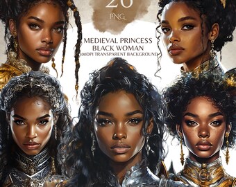 May include: A digital illustration set of four Black women with dark brown skin, wearing medieval princess costumes and gold crowns. The women have long, dark brown hair and are looking directly at the viewer. The background is transparent.