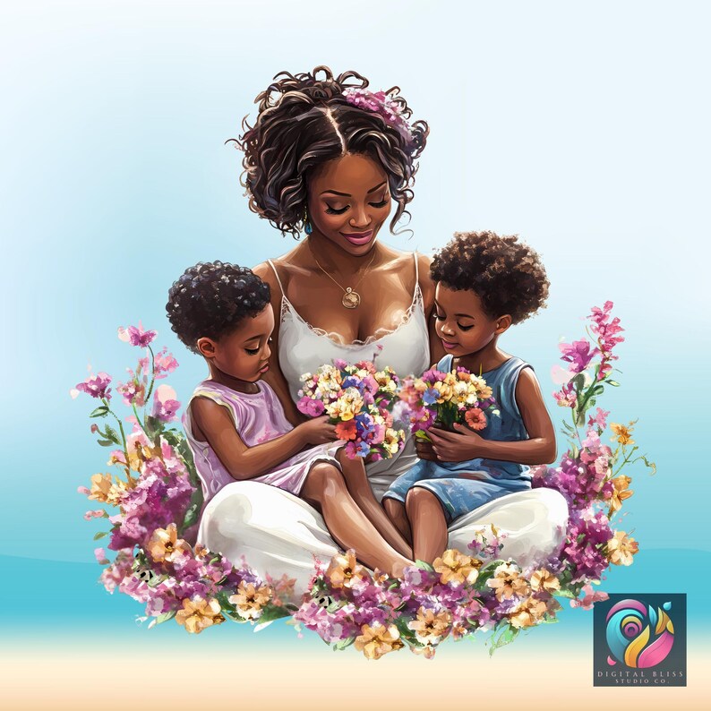 Black Mom And Kids Png Mother's Day Shirt Png Black People Mother Clipart African American Momma Stickers Afro Woman Family Png Design - showing the design image