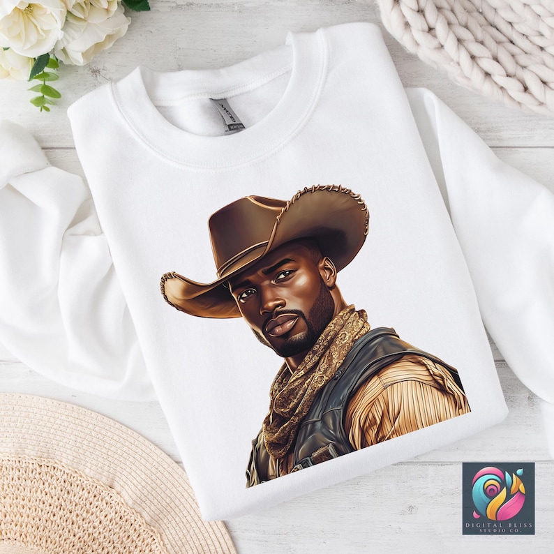 Western Cowboy Black Man Png Bundle Black Boy African American Male Clipart Black People Rodeo Sticker Afro Men Cowboy Hat Graphic Design - showing the design in a white a sweatshirt mockup