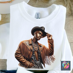 Western Black Cowboy Png Bundle Black Boy African American Male Clipart Black People Rodeo Sticker Afro Modern Man Cowboy Hat Graphic Design - showing the design image in a white sweatshirt mockup