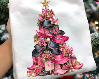 Coquette Cowgirl Weihnachtsbaum Png Bundle Design, Aquarell Western Country Weihnachten Cliparts, Retro Cowboy Boots Hut Aufkleber Digitaler Download