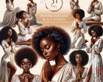 Praying Elegant Black Woman Png Faith Based Prayer Clipart Afro African American Sticker Beautiful Lady Female Pray Design Instant Download