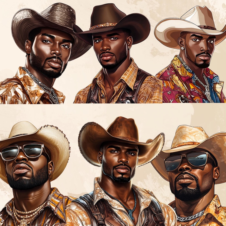 Western Cowboy Black Man Png Bundle Black Boy African American Male Clipart Black People Rodeo Sticker Afro Men Cowboy Hat Graphic Design - showing the design images