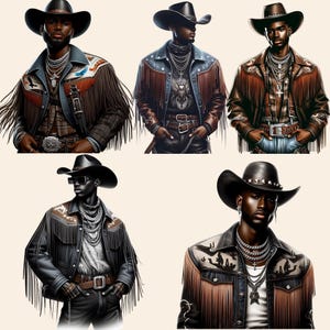 Western Black Cowboy Png Bundle Black Boy African American Male Clipart Black People Rodeo Sticker Afro Modern Man Cowboy Hat Graphic Design - showing the design images
