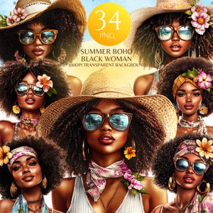 Summer Black Woman Png African American Afro Woman Designs Summer Boho Girl Clipart Beautiful Black People Graphic Sticker Instant Download