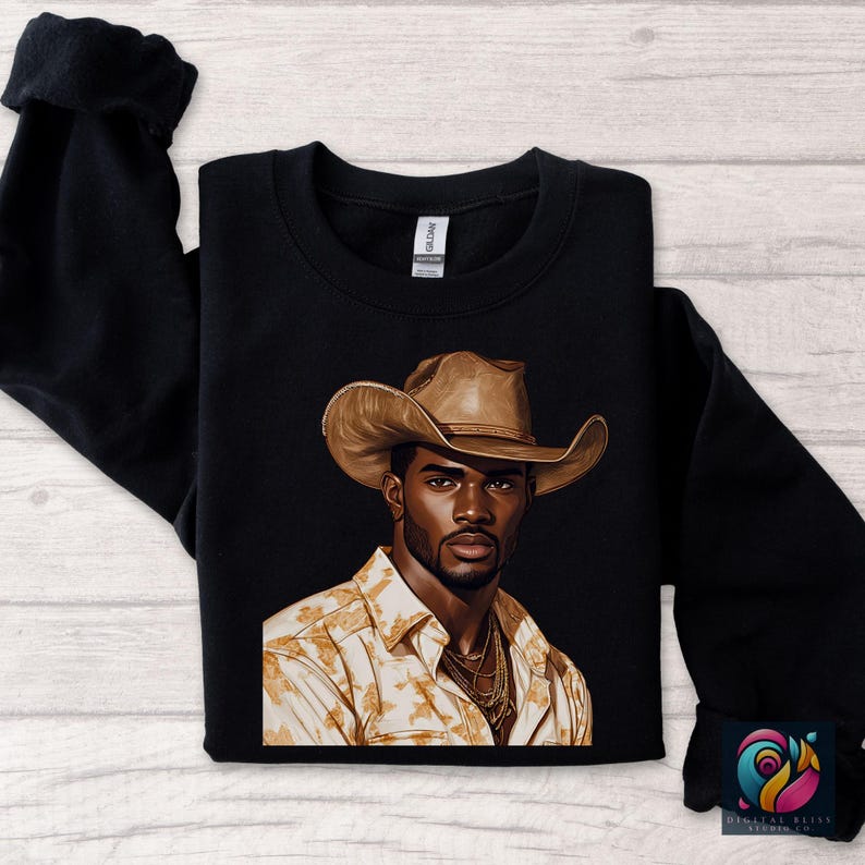 Western Cowboy Black Man Png Bundle Black Boy African American Male Clipart Black People Rodeo Sticker Afro Men Cowboy Hat Graphic Design - showing the design in a black sweatshirt mockup