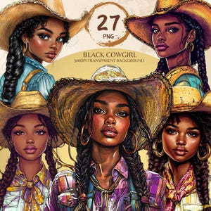 Black Cowgirl Png Western Country Girl Black Woman Bundle African American Cliparts Black People Cowboy Hat Sticker Afro Woman Pigtails Hair