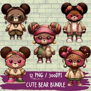Bär Png Bundle Streetwear Designs Mädchen Boho Tiere Urban Hiphop Grafiken Bär Clipart, niedlicher Bär Art Stickers Sublimation Sofort-Download