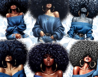 Può includere: Illustrazione digitale di una donna nera con grandi capelli blu ricci che indossa un maglione blu e jeans. L'immagine è su uno sfondo bianco con motivi floreali.
